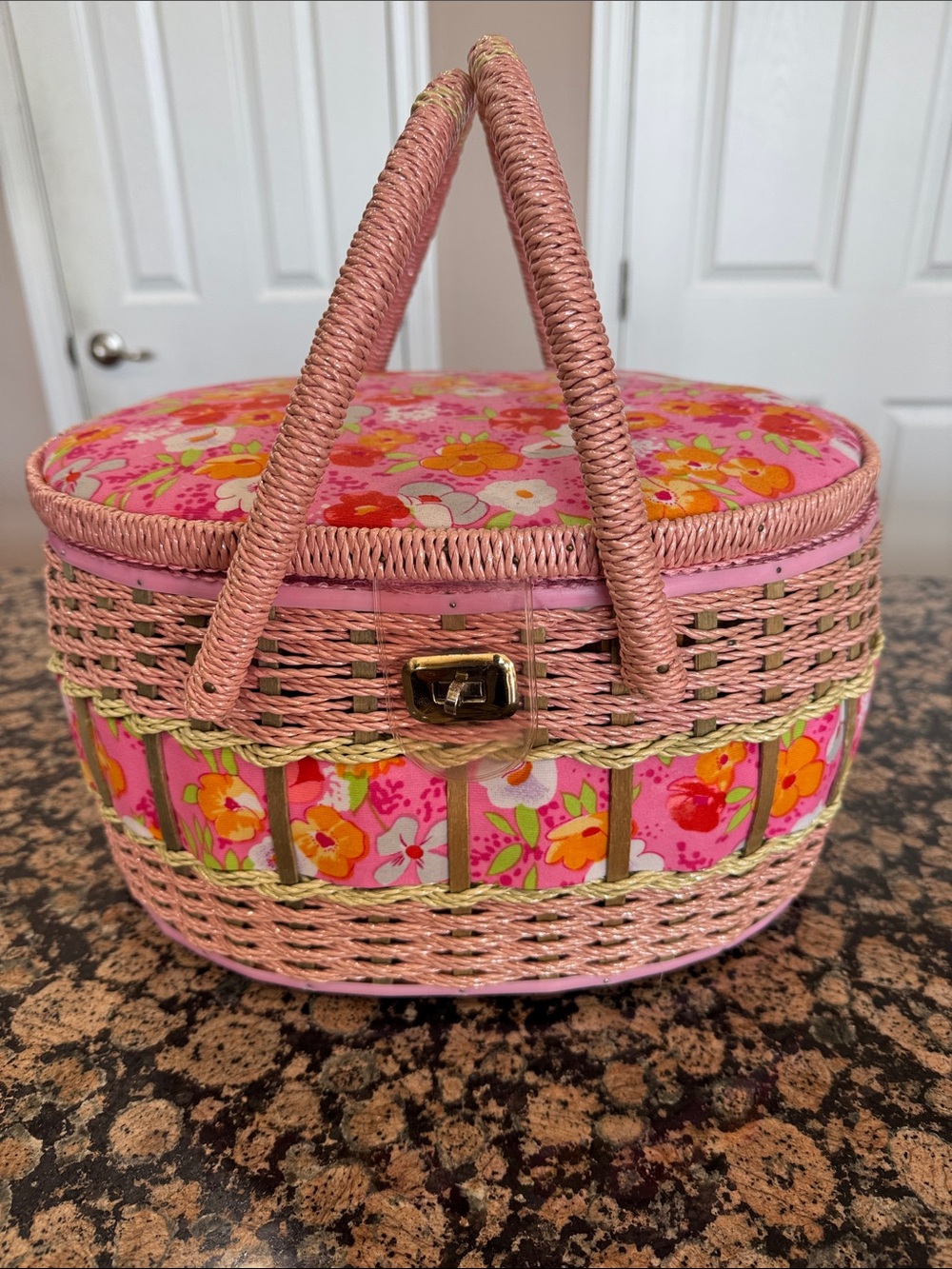 Vintage Pink Floral Woven Basket Handbag